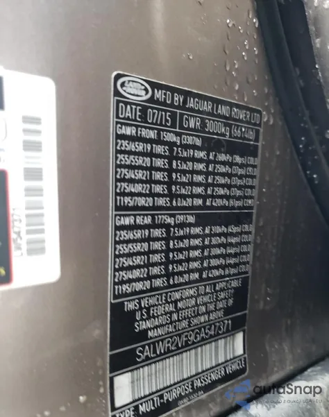 2016 Land Rover Range Rover Sport Hse from USA, damaged, VIN SALWR2VF9GA547371